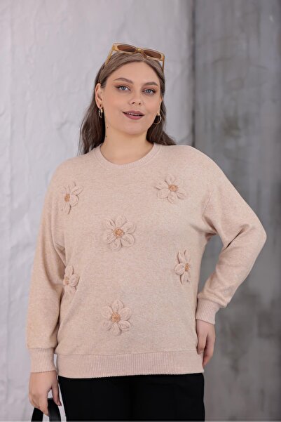 Siyezen Büyük Beden Çiçek Motifli Yumoş Kazak