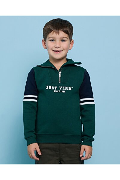 R&B سويت شيرت ألوان متباينة مع ياقة بسحاب وأكمام طويلة