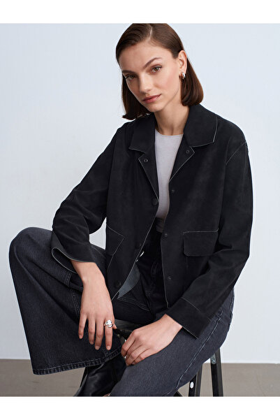 Dilvin 60782 Pocket Detailed Suede Jacket-Black