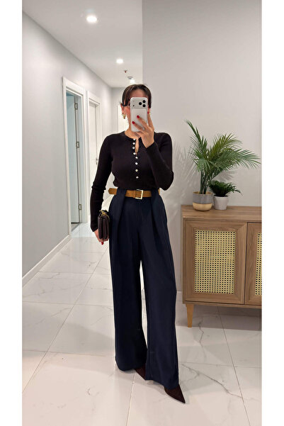 BİRCANÇİL Ketryy Navy Blue Bridge Detailed Belted Palazzo Pants