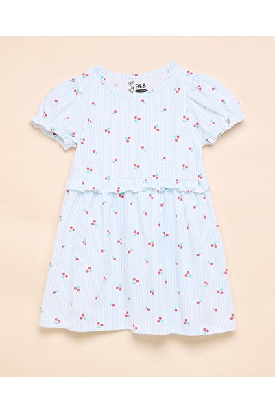 R&B Printed A-Line Dress with Crew Neck and Puff Sleeves