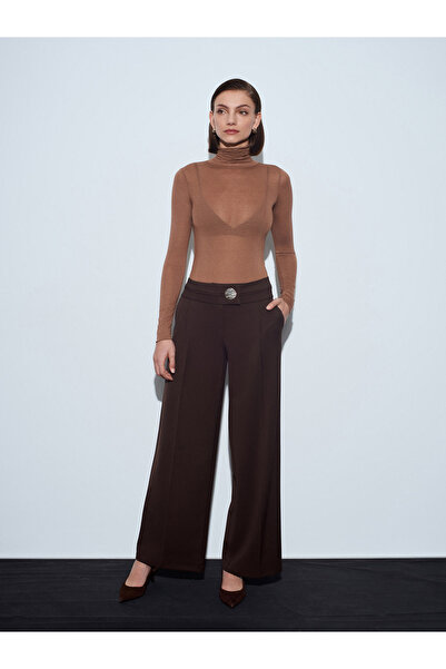 Dilvin 72244 Gold Button Wide Leg Trousers-Brown