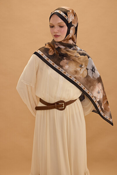 cs camellia scarf Opera Shawl - Black Beige