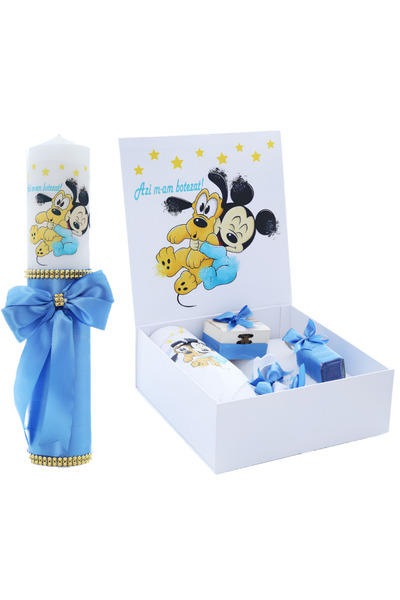 Inovius Set Cutie Trusou cu Lumanare, 9 Piese, "Azi m-am botezat", Bleu, Mick...