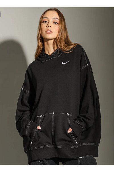 Nike Swoosh kontrast dikişli kapüşonlu oversize sweatshirt,(aşırı oversize)siyah