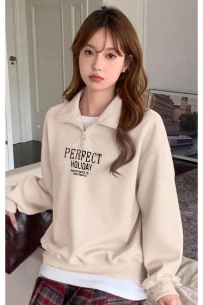 MODAGEN Kadın Bej Perfect Baskılı Yarım Fermuarlı Oversize Sweatshirt