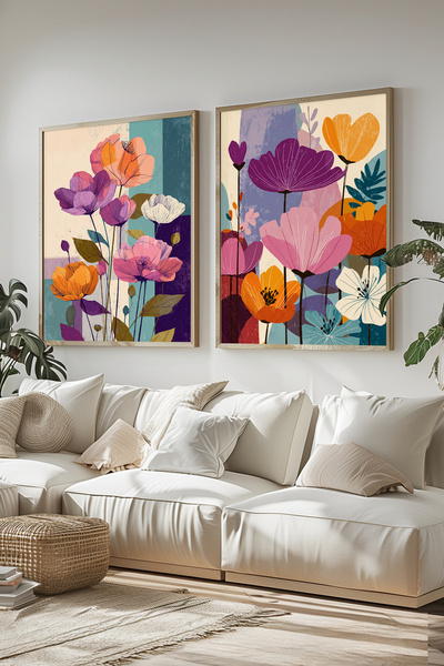 STARYUNA Set de pictură dublă cu flori colorate cu rame din lemn Yuna453