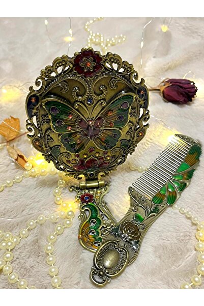 Home Büyük Boy Yeşil Kelebekli Nostaljik Ayna Tarak Seti