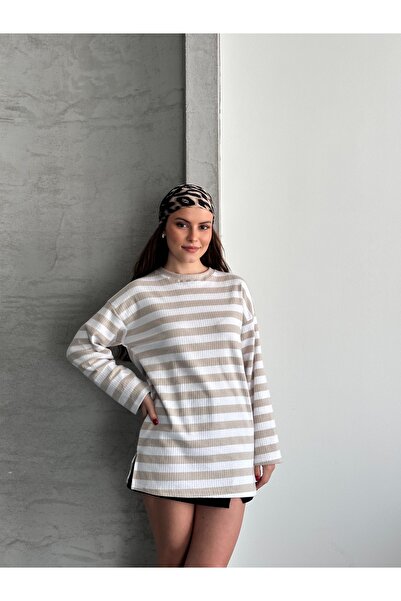 eyyebelle Women's Crew Neck Long Sleeve Striped Tunic