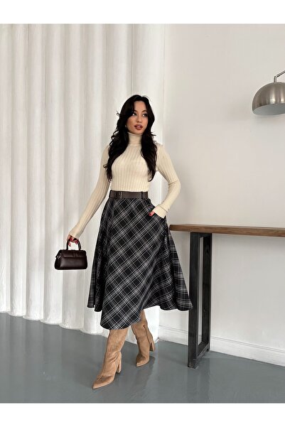 MODAMERSİ Fusta în carouri cu detaliu curea neagră pentru femei