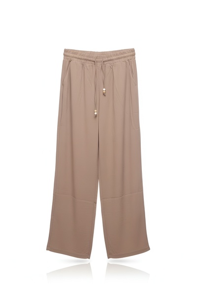 Quzu Brown Women's Trousers with Elastic Waistband and Lace Detail Pnt00253