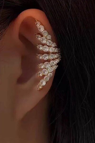 TAKIŞTIR Altın Renk Taş Detaylı 14K Altın Kaplama TX Ear Cuff (Tek)