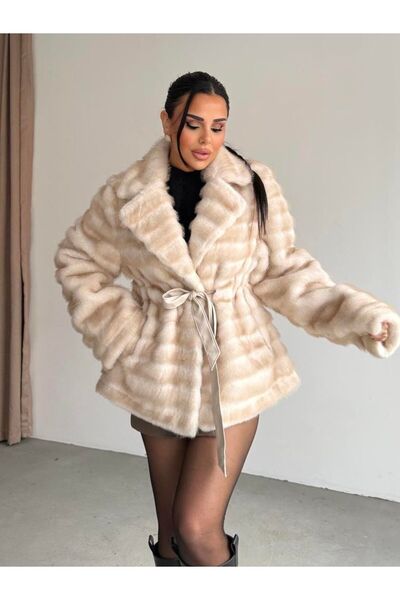 Rabiossa Women's Striped Plush Fur Coat