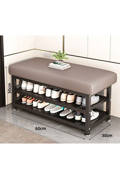 OEM Metal Hallway Bench with 2 Shoe Shelves and Seat, Grey PU Leather, 60 x 3...