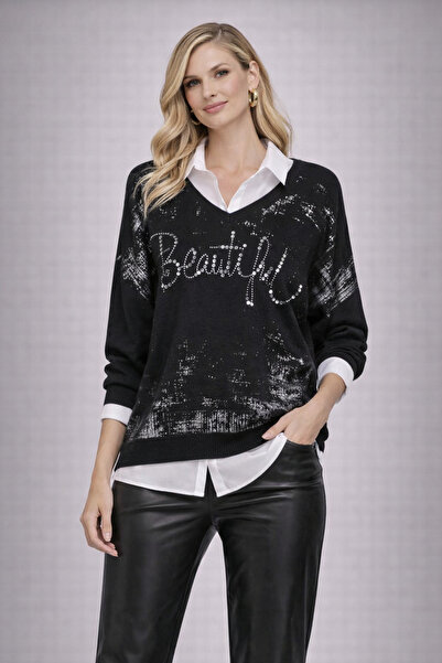 günay boutıque Oversized Black V-Neck Stone Printed Women's Knitwear Blouse