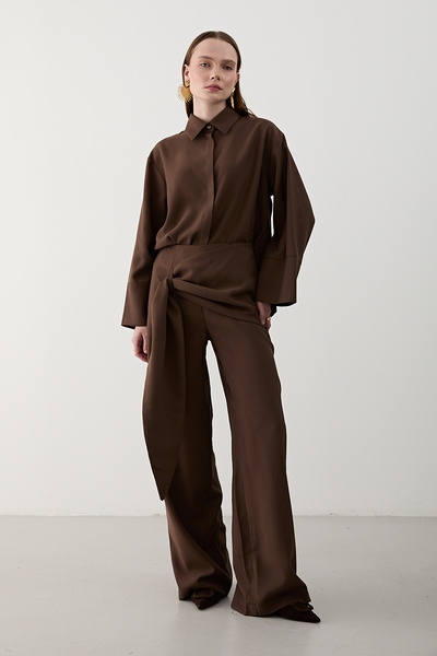 Laluvia Brown Waist Detailed Trousers Shirt Set - 8862