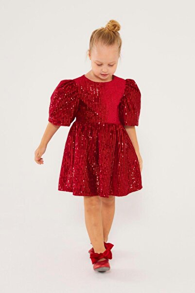 LUCKY Pullu Balon Kol Kız Çocuk Elbise