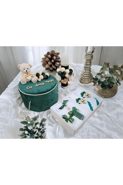 Inovius Set Trusou Botez si Lumanare, 9 Piese, cu Ursulet, Verde, din Catifea...