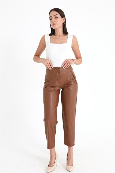 VELİZADE Pantaloni din piele maro cu talie înaltă pentru femei, cu detaliu ti...