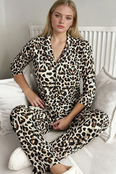 Buklemoda Women's Leopard Print Pajama Set – Button-Up Top, Relaxed-Fit Bottoms