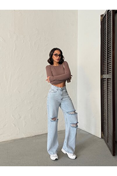 blue wings denım co. Blugi boyfriend cu tăieturi laser la genunchi și craci l...