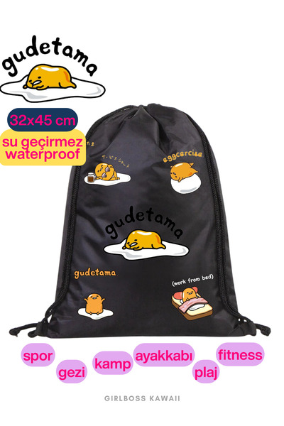 Girlboss Kawaii Gudetama Waterproof Black Drawstring Bag, Suitable for All Ag...