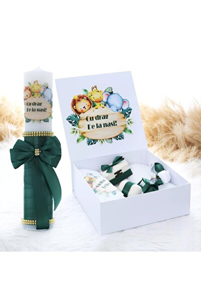 Inovius Set Cutie Trusou cu Lumanare, 9 Piese, "Cu drag de la nasi", Verde In...