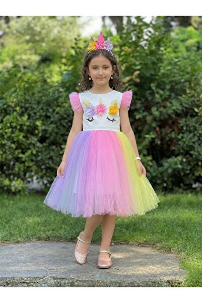 Lily and Co Tek Boynuzlu At Desenli Kız Çocuk Elbisesi
