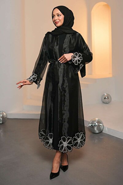 İmajButik Siyah Kol Ve Etek Ucu Taşlı Abaya Takım