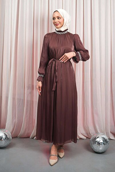 İmajButik Βραδινό φόρεμα με πέτρα με λαιμόκοψη με μανίκια από δαμάσκηνο