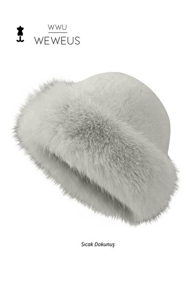 Weweus Açık Gri Tüylü Kürk Görünümlü Kışlık Premium Kadın Kalpak Şapka