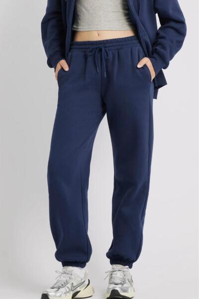 CAST COLLECTİON Women's Navy Blue 3 Thread Combed Cotton Sweatpants