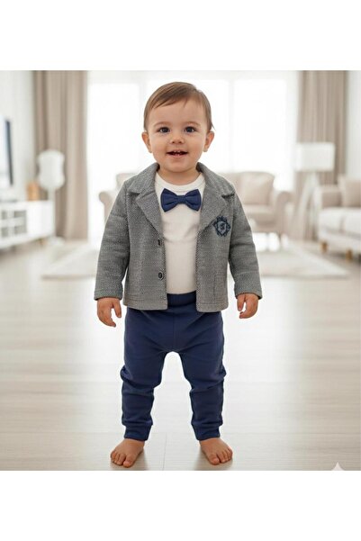 MODA PAPYONLU 3-9 AY İÇİN 3 LÜ ( ZIBIN-PANTOLON-CEKET) ERKEK BEBEK TAKIM