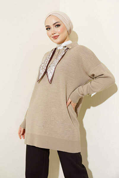 FERHEL Scarf Detailed Shirt Collar Knitwear Tunic Sweater