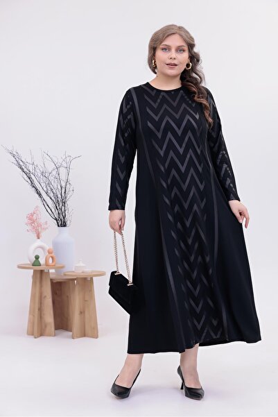 Siyezen Rochie evazată cu detalii din piele în dungi, mărime mare