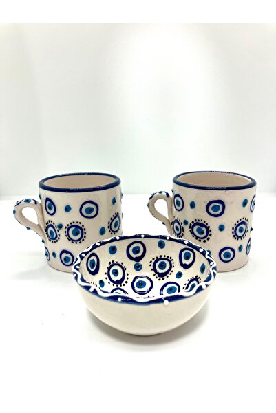 Emre Hediyelik طقم عرض فنجانين مزدوجين مزينين بخرز العين الشريرة