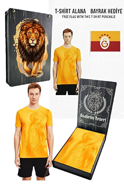 Galatasaray تي شيرت أصلي مرخص من Aslan مطبوع باللون الأصفر مع علم وصندوق هداي...