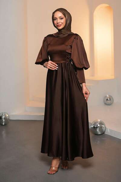 İmajButik Brown Side Tie Satin Evening Dress