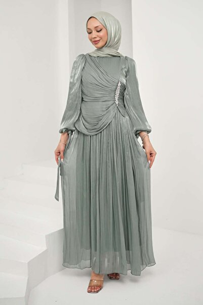 İmajButik Rochie de seară verde mentă cu cu pietre aplicate mâneci legate în ...