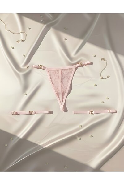 Maly Love Gold Accessory Detailed Lace Thong and Adjustable Leg Band Set – Pink