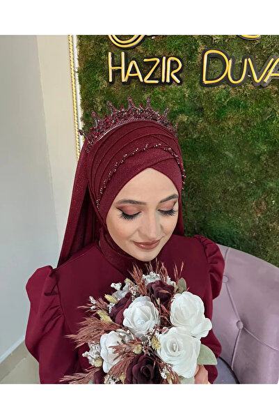 semahazırduvak Borda Duvaklı Taçlı Taş Detaylı Model hazır türban hazır şal a...