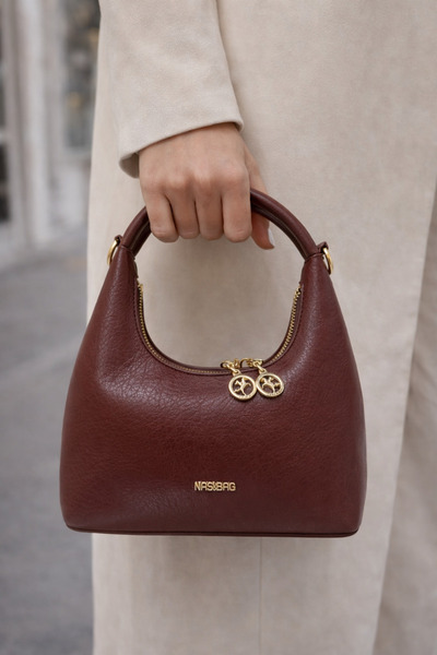 Tasarım Women's Burgundy Genuine Leather Bag - Long Strap - Handbag with Gold Accessory Detail