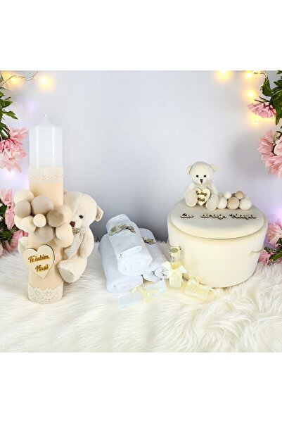 Inovius Set Trusou Botez si Lumanare, 9 Piese, cu Ursulet, Crem, din Catifea ...