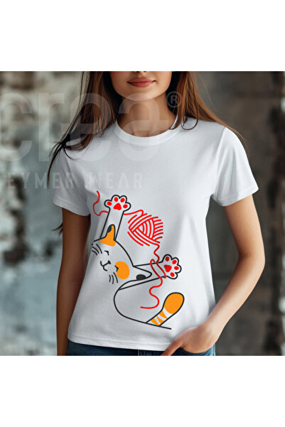 Crea Eymer Wear Тениска с котка и велосипед на врата, бяла