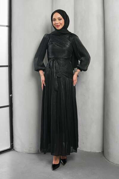 İmajButik Black Draped Pleated Evening Dress