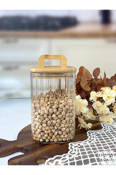 MİEN Kare Lıne Çizgili Cam Kavanoz 1100 Ml TKEBT Şeffaf
