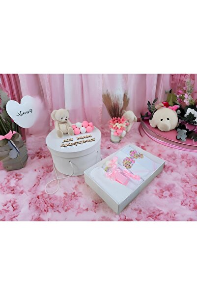 Inovius Baptism and Candle Set, 9 Pieces, with Teddy Bear, White and Pink, Ve...