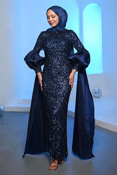 İmajButik Navy Blue Sequined Balloon Sleeve Detailed Evening Dress