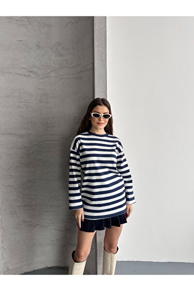 eyyebelle Women's Crew Neck Long Sleeve Striped Tunic