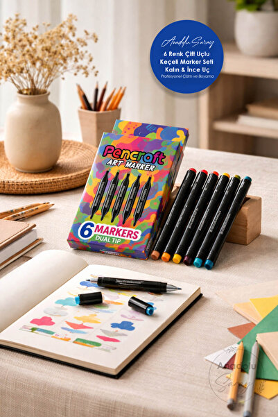 Anadolu Saray 6 Renk Çift Uçlu Keçeli Marker Seti | Kalın & İnce Uç | Profesy...